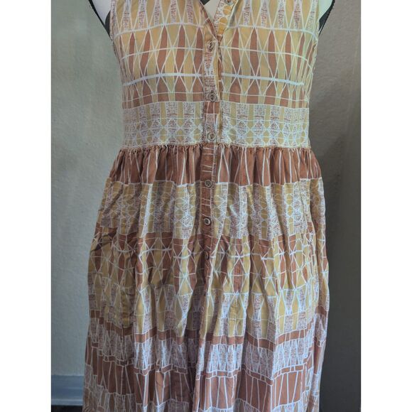 All About You L Rust Orange Tan Geometric Tiered Midi Dress - Picture 2 of 6